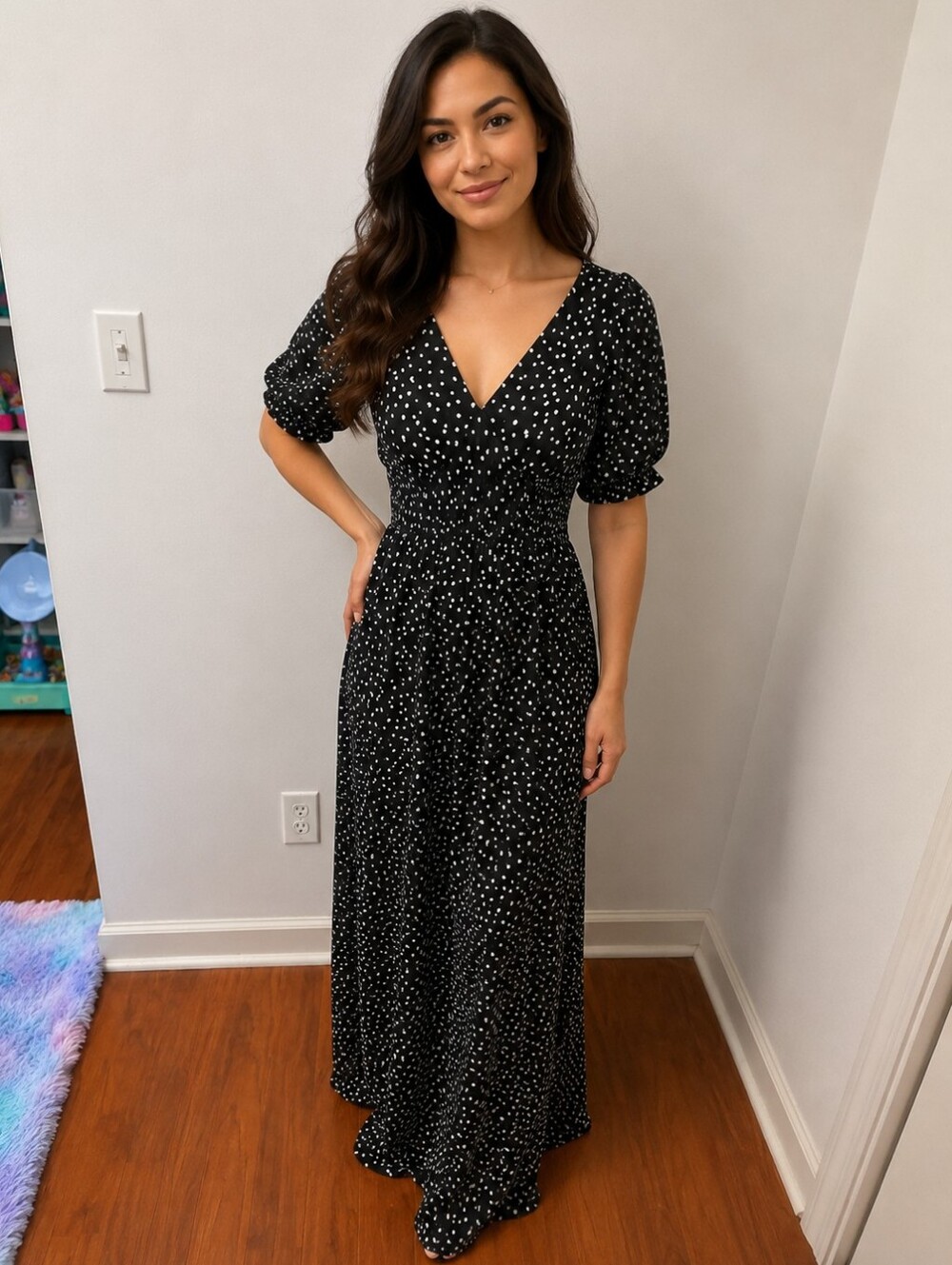 A New Day Women's Heart Print Maxi Dress Black White V-Neck Puff Sleeve Size M
